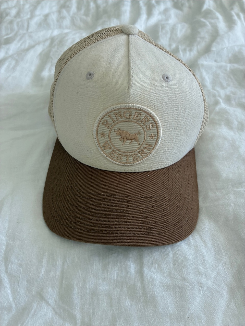 Women's Two-Tone Trucker Cap in Cream and Brown
